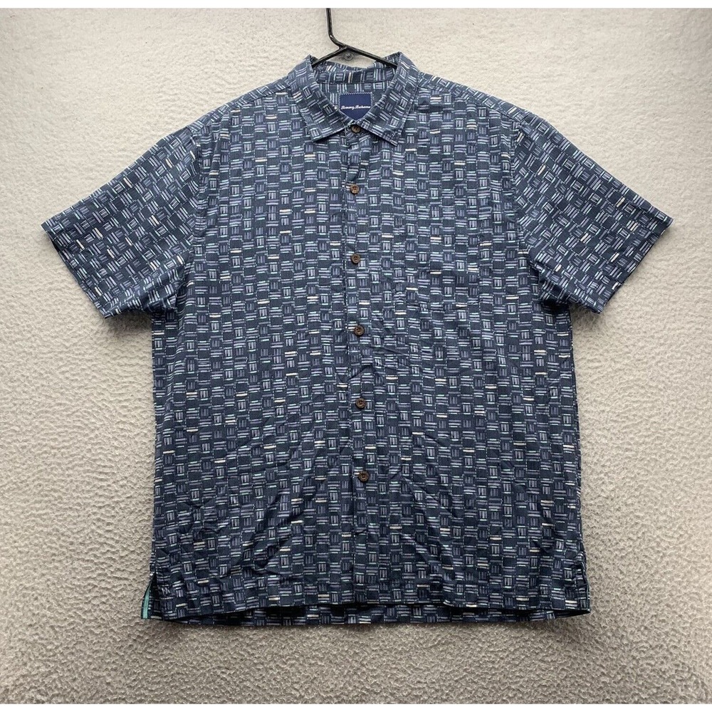 Tommy Bahama Silk Hawaiian Shirt Mens Large L Blue Geometric All Over Tropical